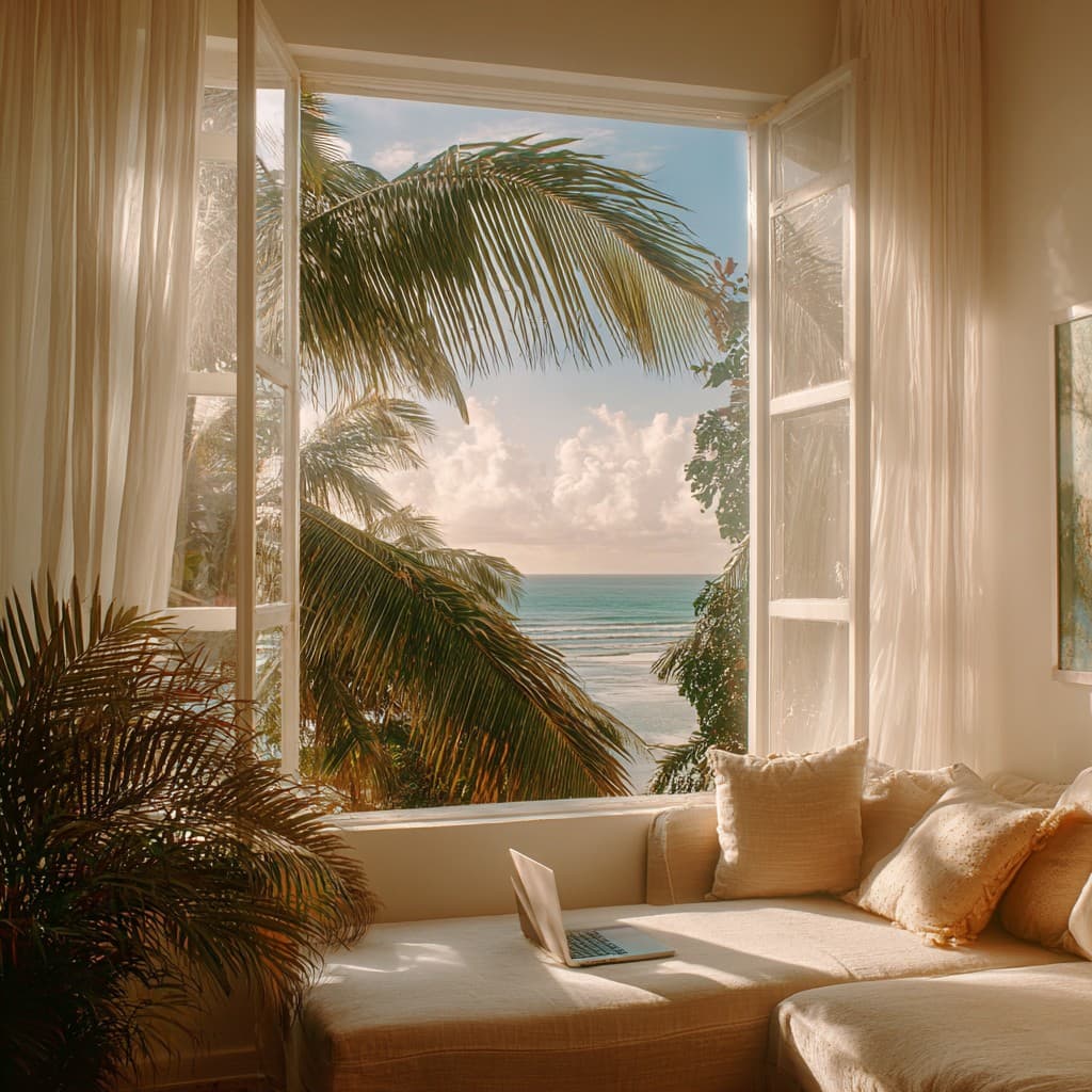 Sunlit room with a laptop on a cream sofa, open windows framing a tropical beach with palm trees and turquoise water.